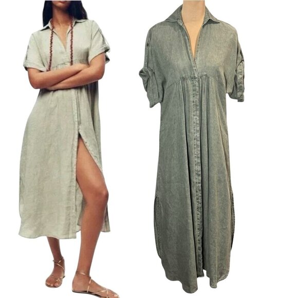 Zara Lovina Linen Shirt Midi Dress Sz.XS Sage Green Short Sleeve Minimalist Boho - Picture 1 of 15